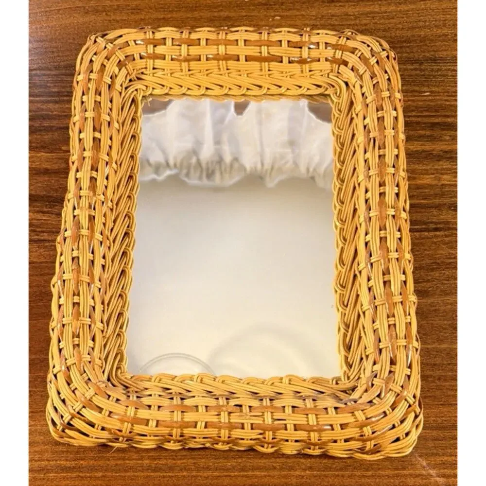 Vintage Rectangle Natural Wicker Rattan Boho Cottage Wall Hanging Mirror